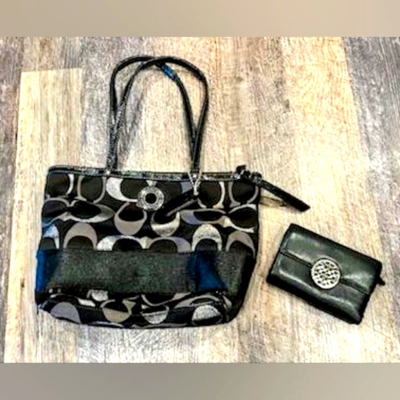 Coach Handbags - Coach Signature Tote Black & Silver MED Handbag w/ Coach Wallet Included!!